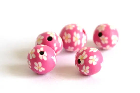 Fimo Perlen, weiss/pink, 12mm, 5 Stk.