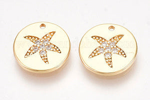 Charm, vergoldet mit Seestern und Zirkonia, flach, rund, nickelfrei, 10 x 1,5 mm